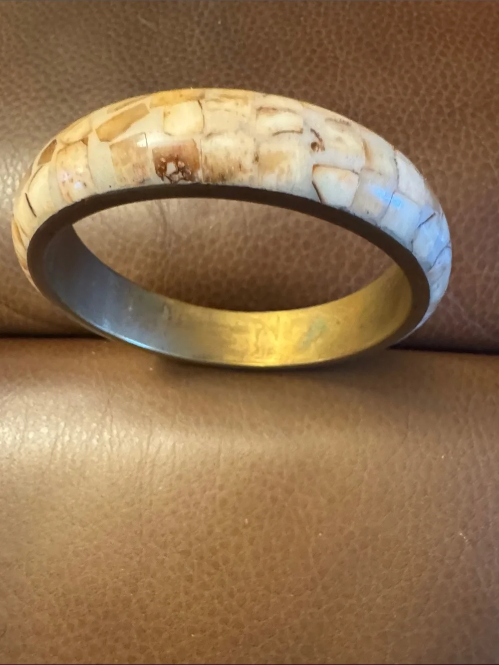VTG mosaic inlay statement bangle brass base & decorated w/shell fragments